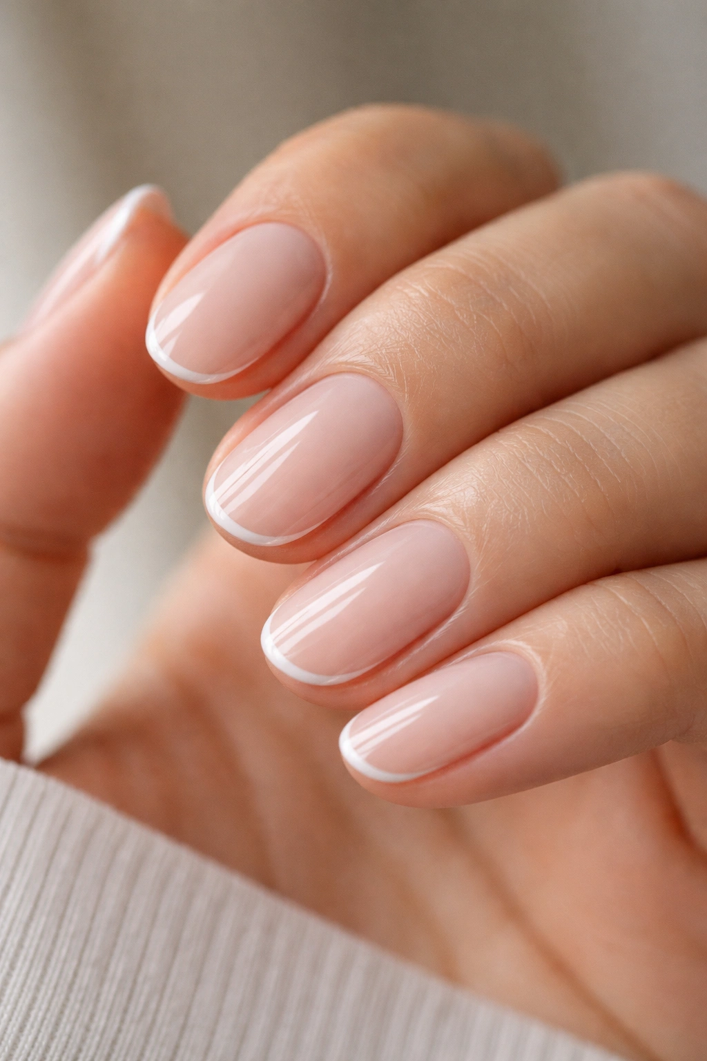 Close-up of short oval nails with ultra-thin white lines on sheer base