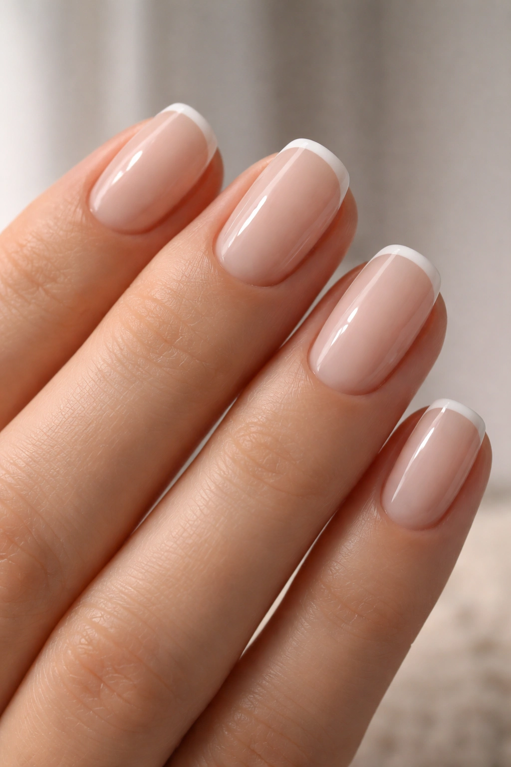 Close-up of micro French manicure with thin white tips on natural nails.