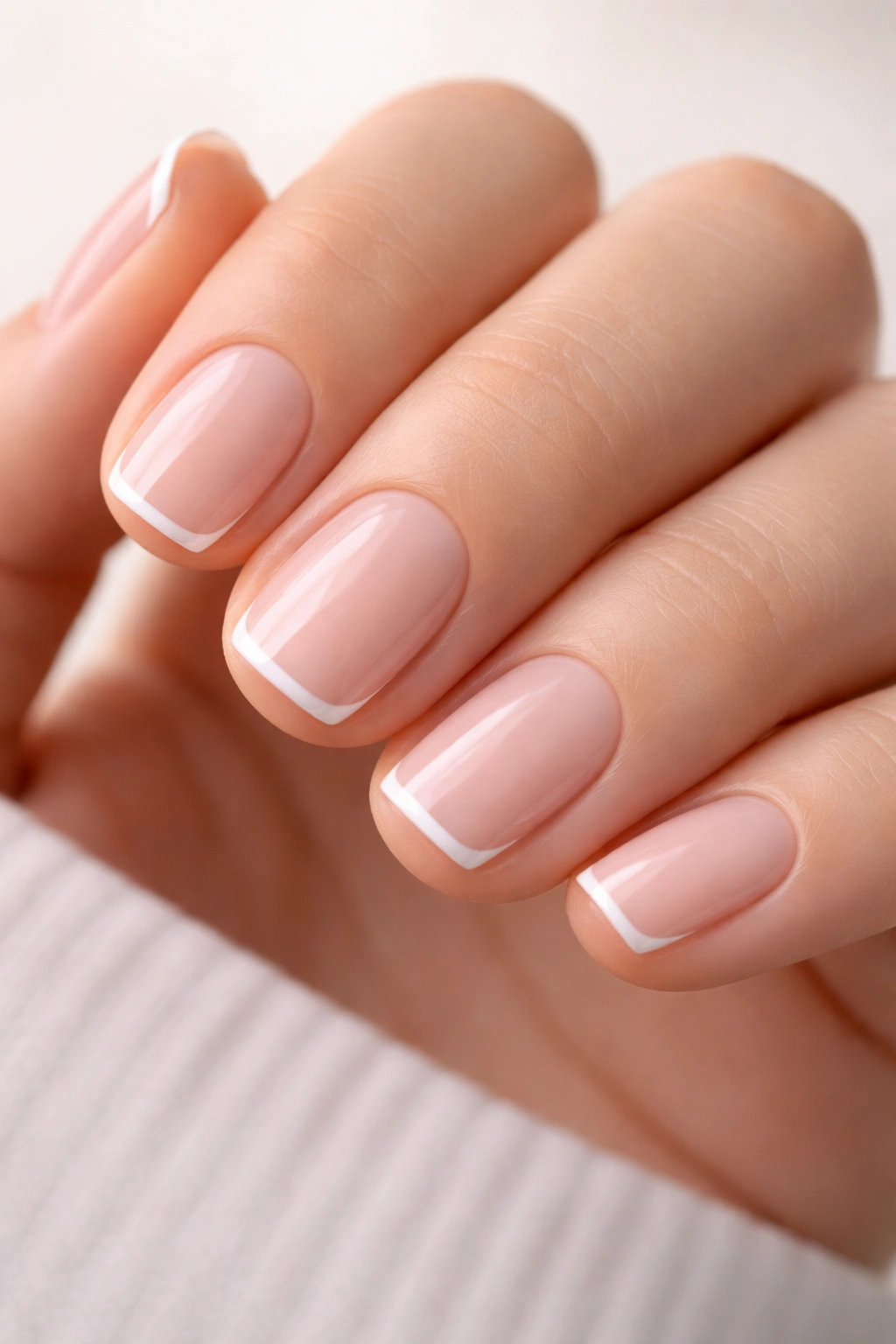 Close-up of micro French manicure on short nails with ultra-thin white tips