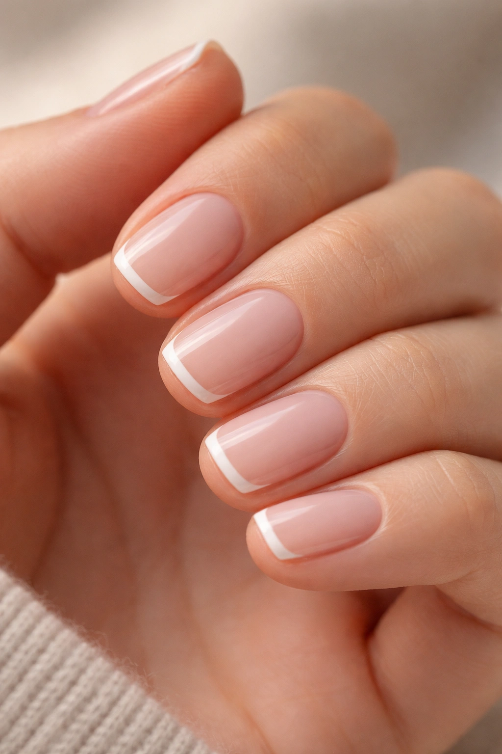 Close-up of short squoval nails with glossy base and 1mm matte white tip