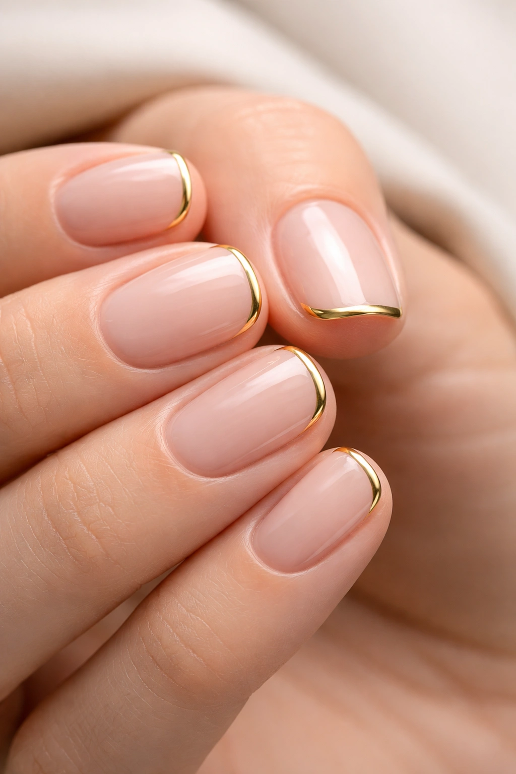 Close-up of short nails with ultra-thin gold French tips