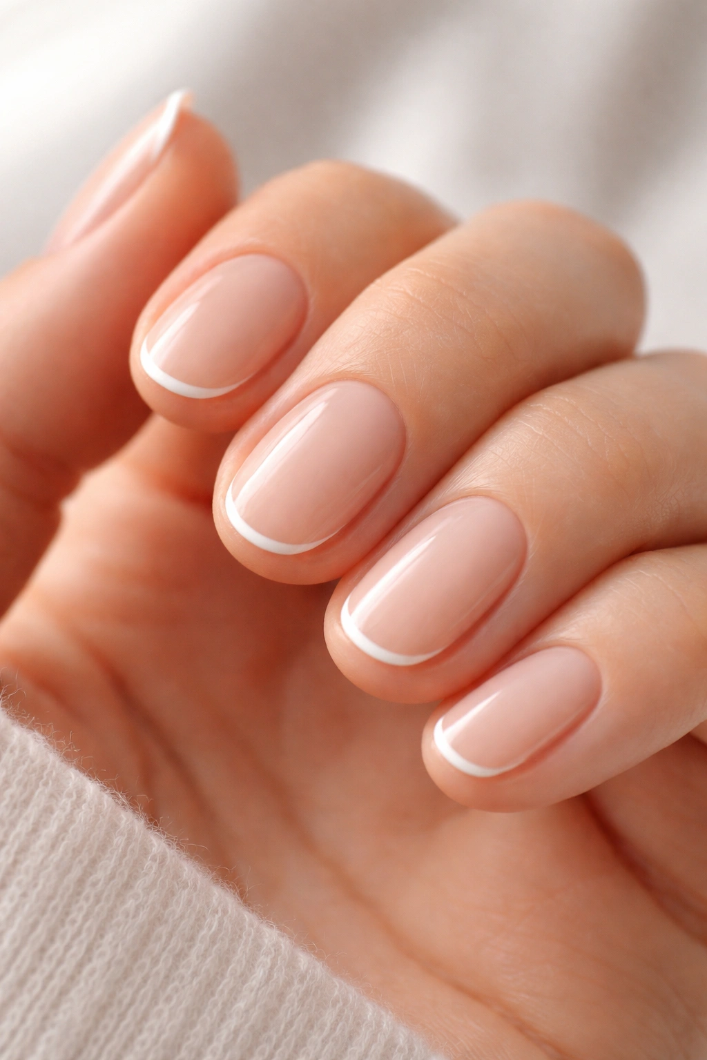 Close-up of micro French tips on short oval nails with ultra-thin white arc
