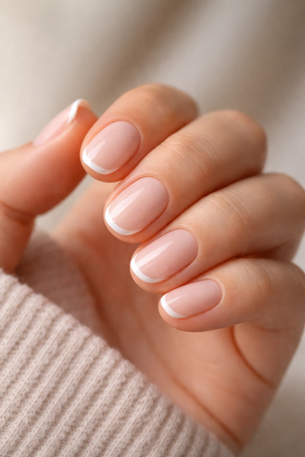 Micro-French cream tip short oval nails on hand