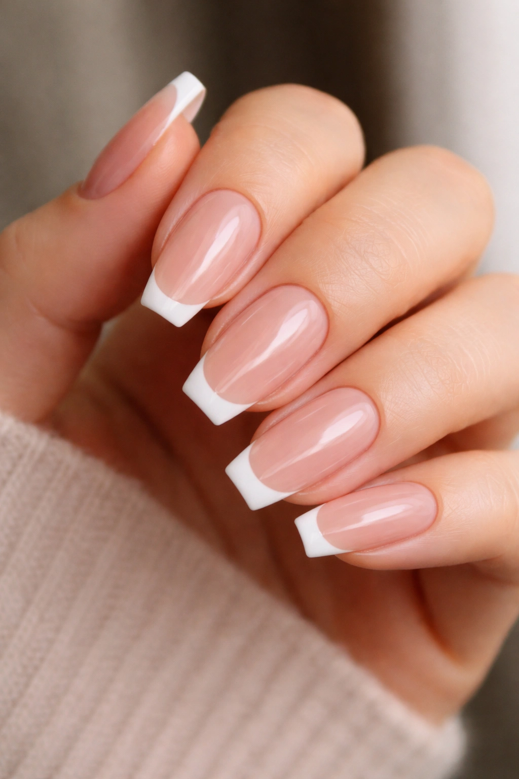 Close-up of nude base nails with micro French white tips