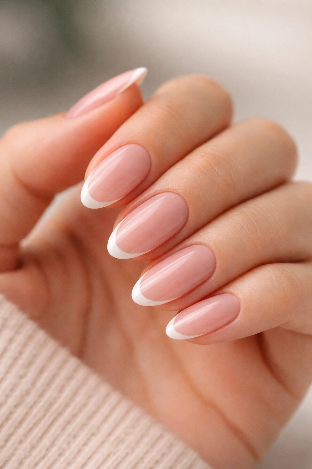 Close-up of micro French almond nails with ultra-thin white tips on a sheer base
