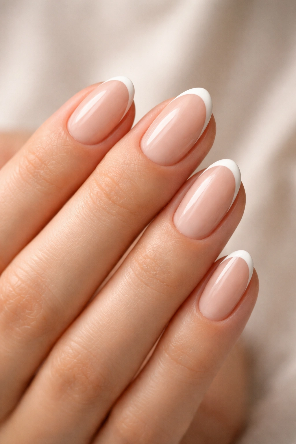 Close-up of short almond nails with bare bases and whisper-thin French tips on a neutral background