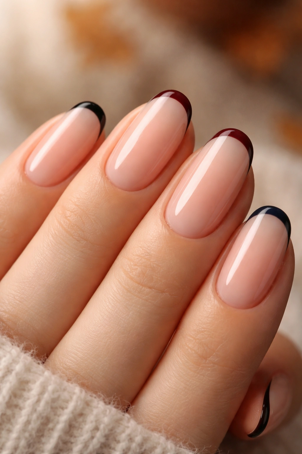Close-up of micro-French nails with autumn-toned tips on sheer base