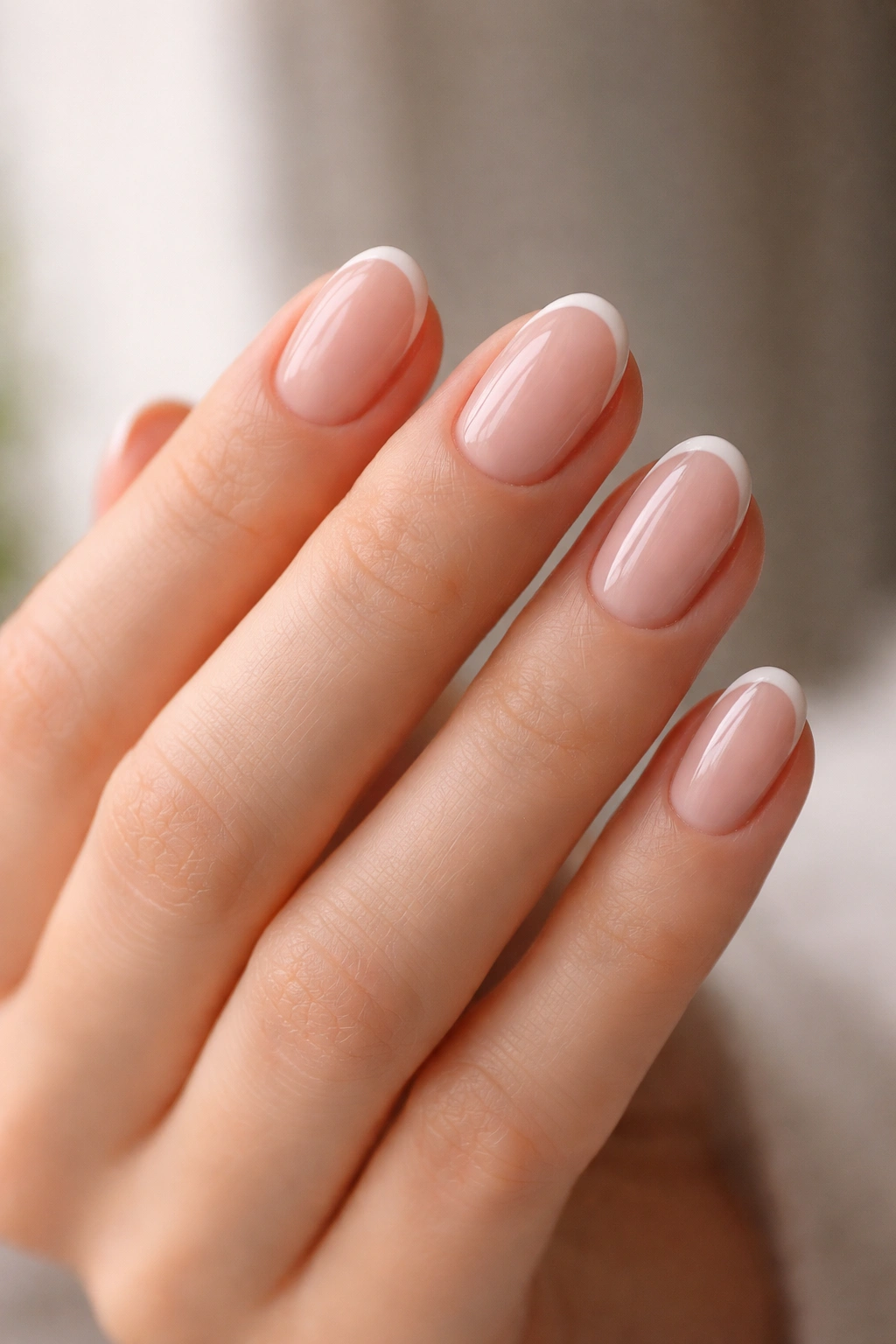 Short oval nails with a tiny off-white micro French edge on a natural base.