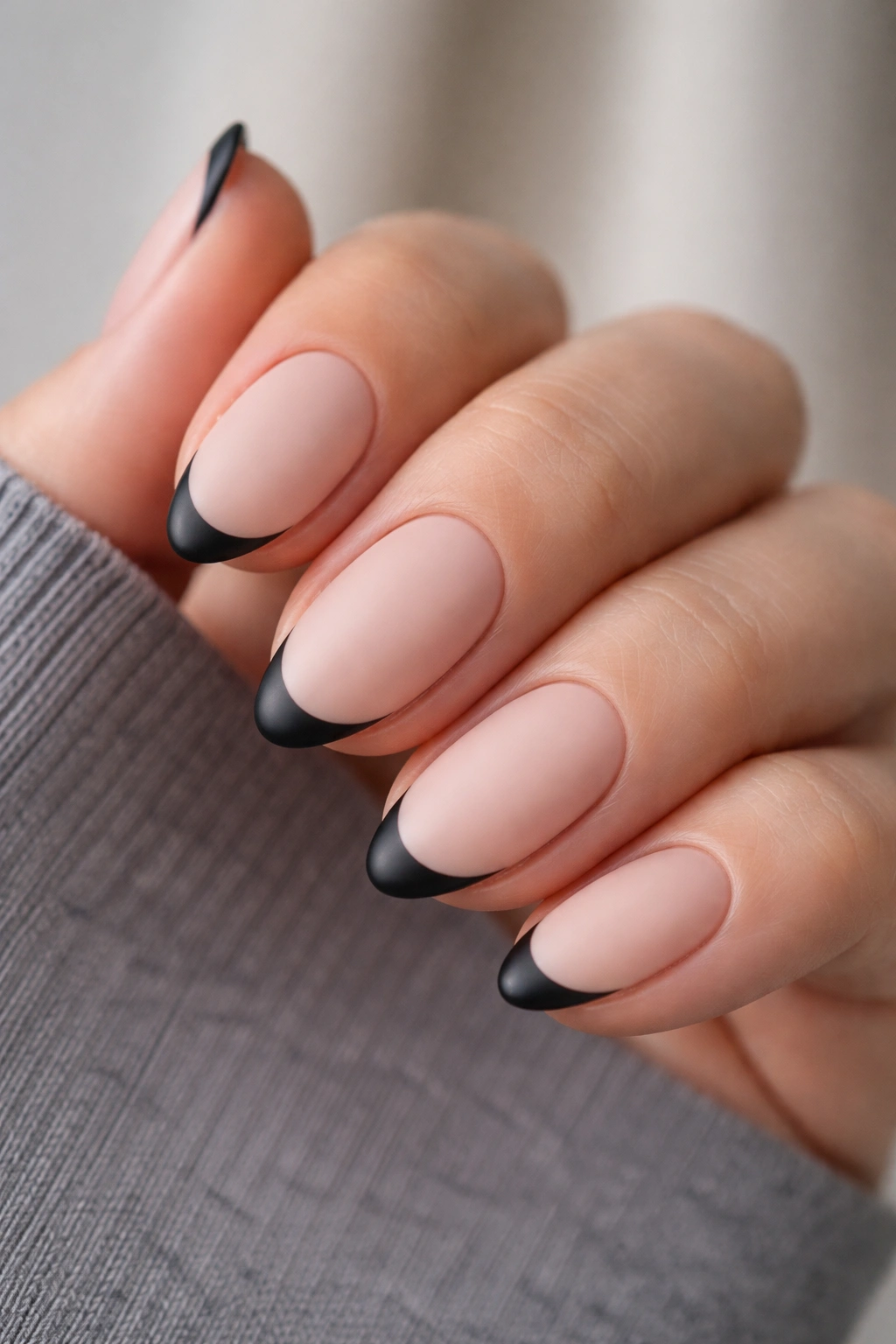 Almond nails with tiny black micro French tips on a nude base.