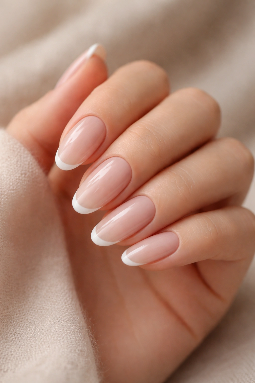 Close-up of micro French tips on long oval nails with a tiny white line