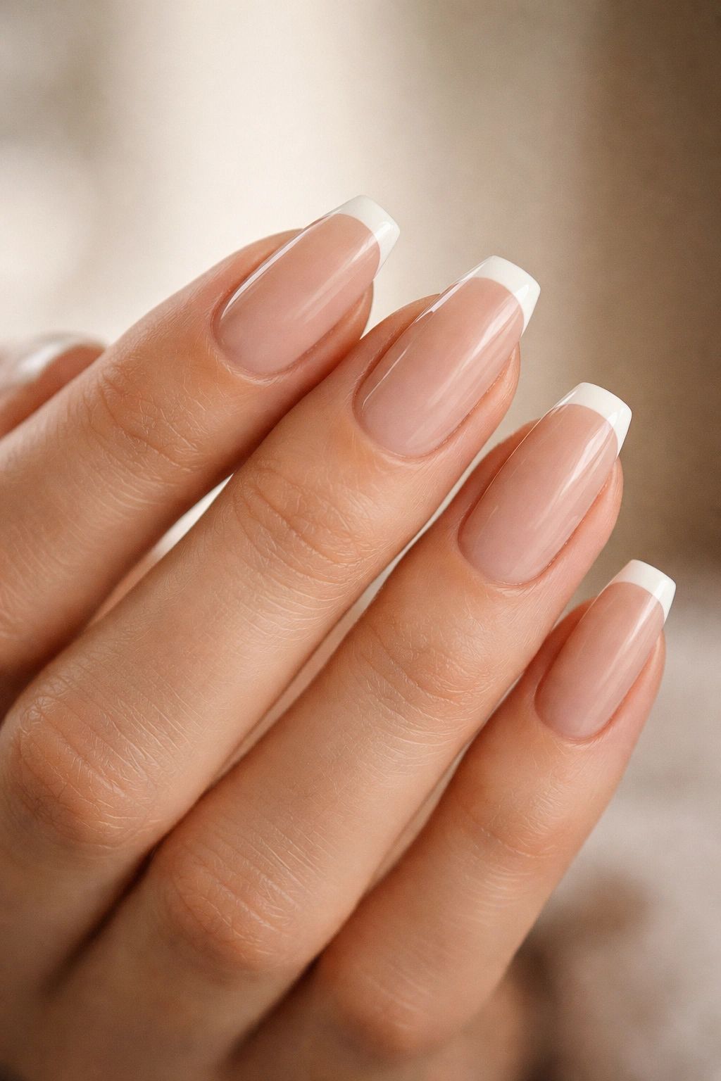 Nude ballerina nails with micro-French tip on a natural hand