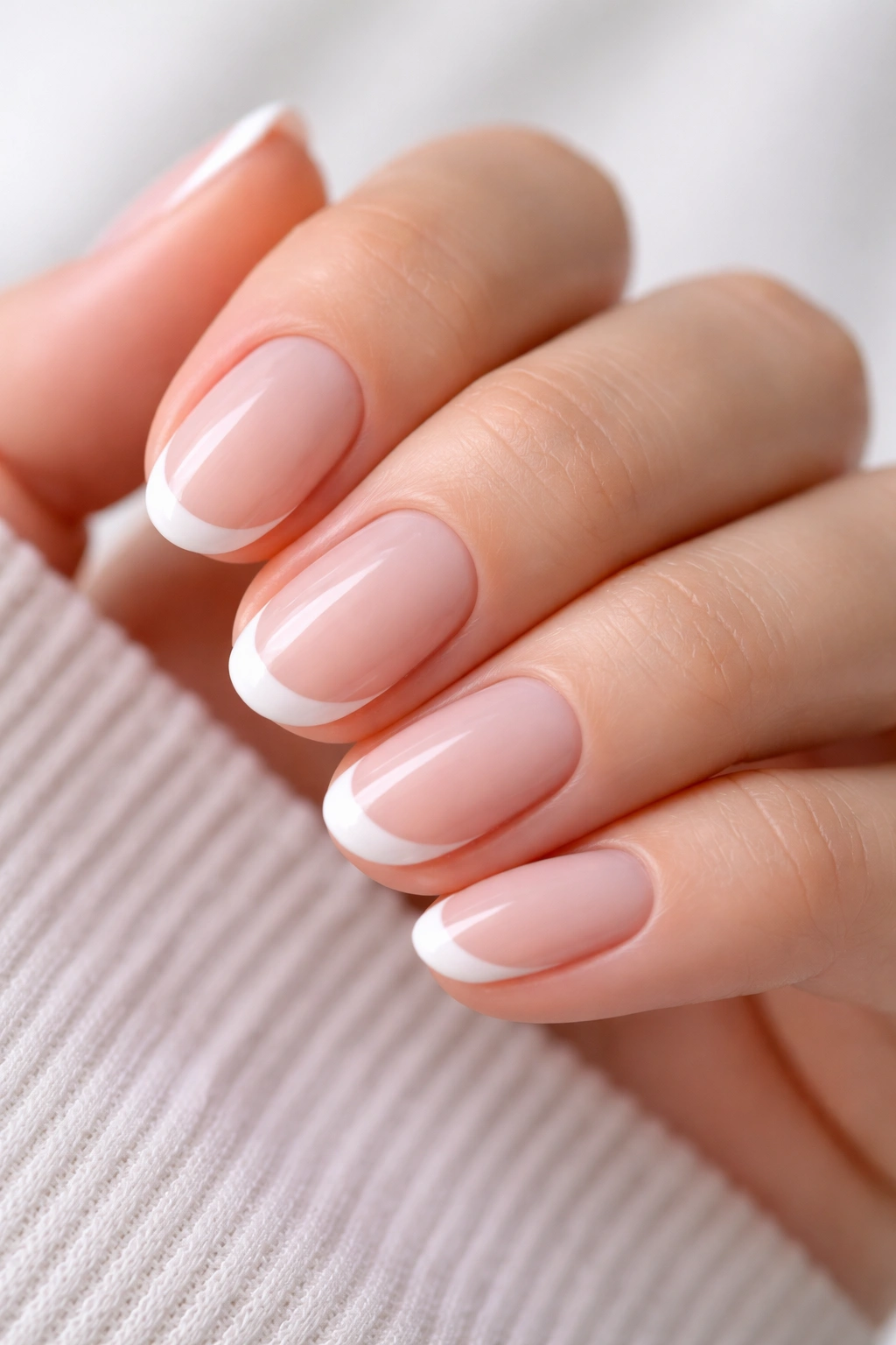 Close-up of white micro-French on short oval nails with pale pink base