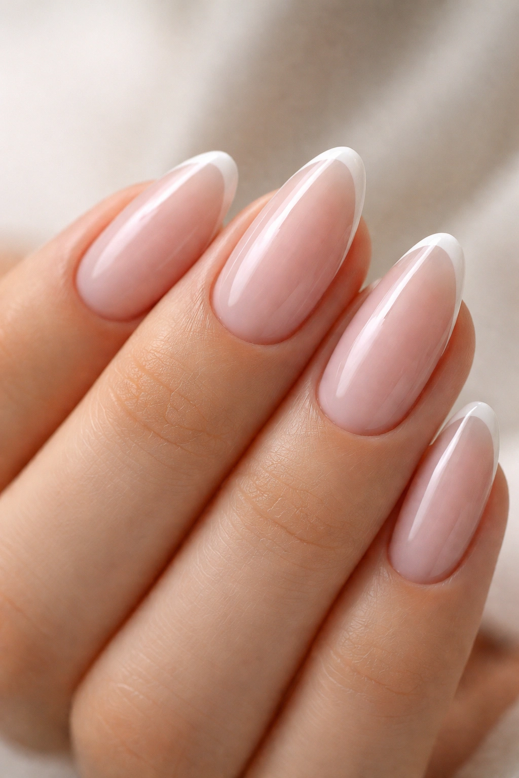 Close-up of almond nails with a slim white micro French tip on a sheer pink base.