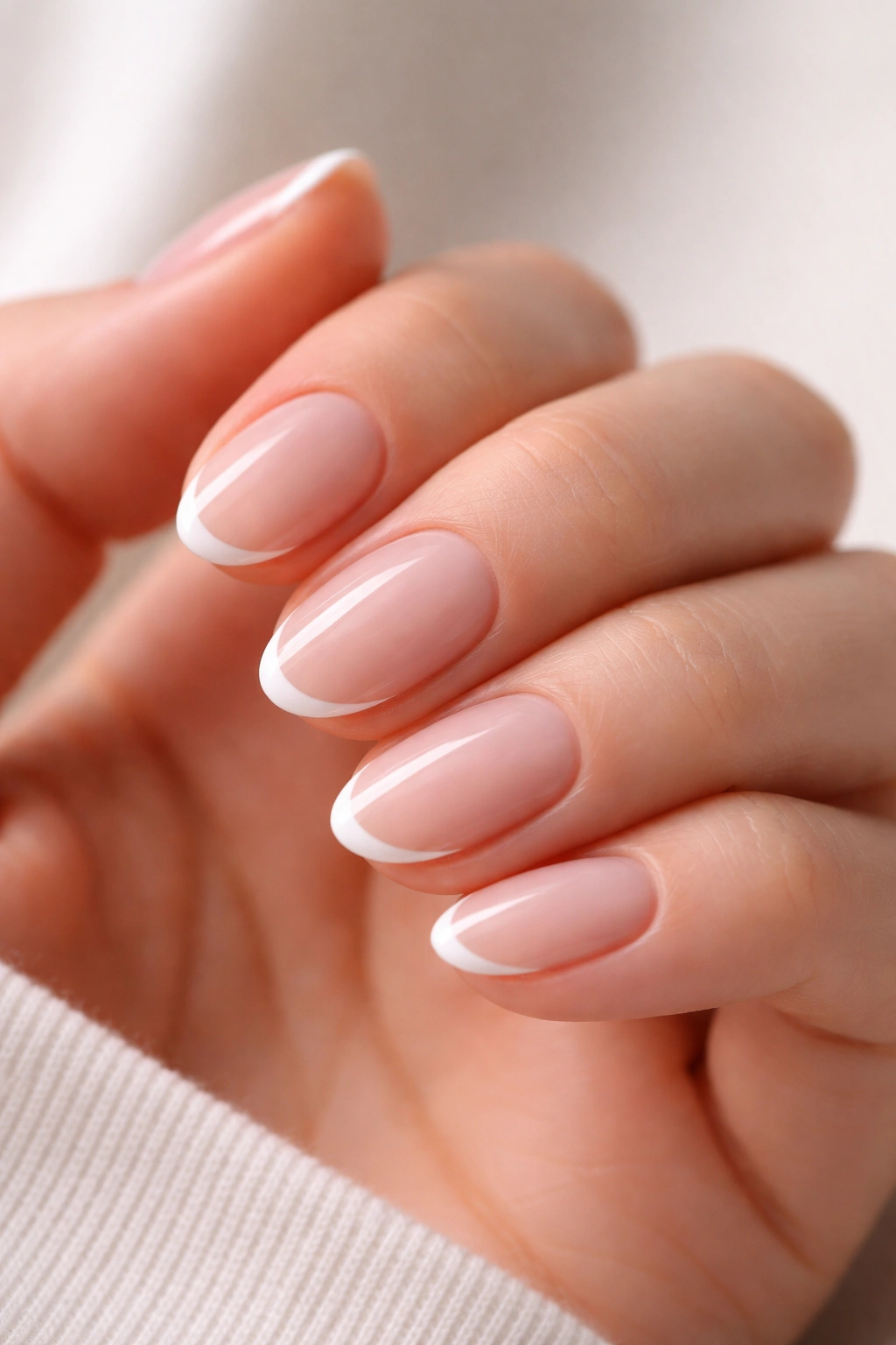 Close-up of extra-short almond nails with a thin micro French tip on a sheer nude base