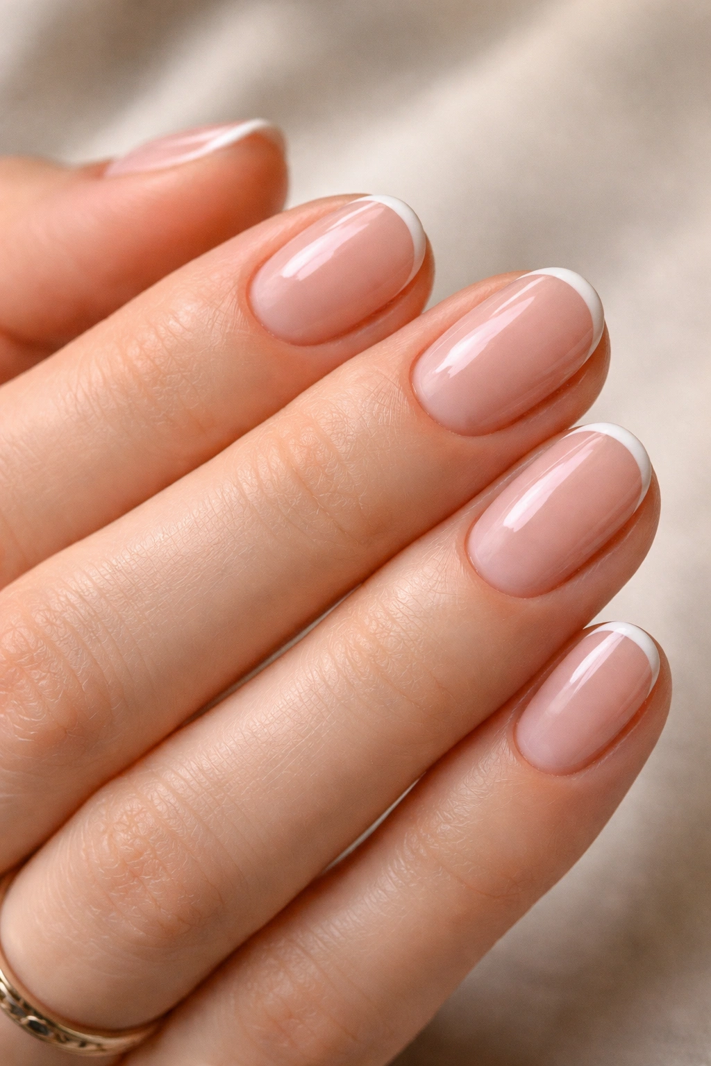 Close-up of micro French short oval builder gel nails with thin smile line