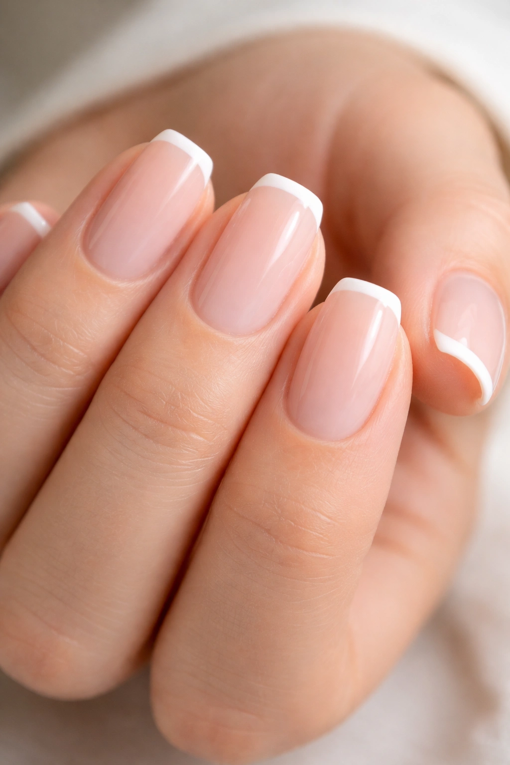 Micro French thin white tip on square-oval nails