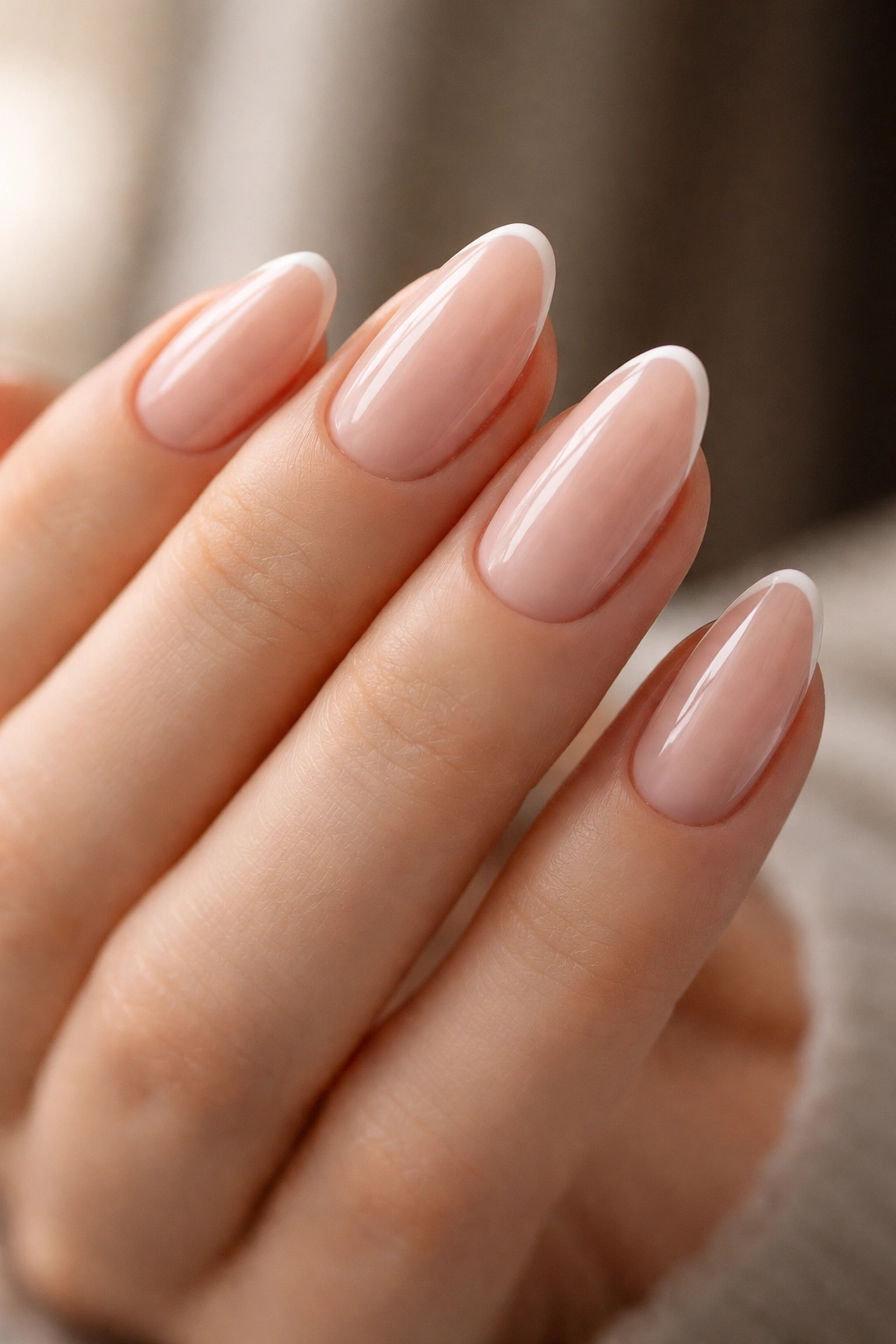 Nude almond nails with tiny micro French tips
