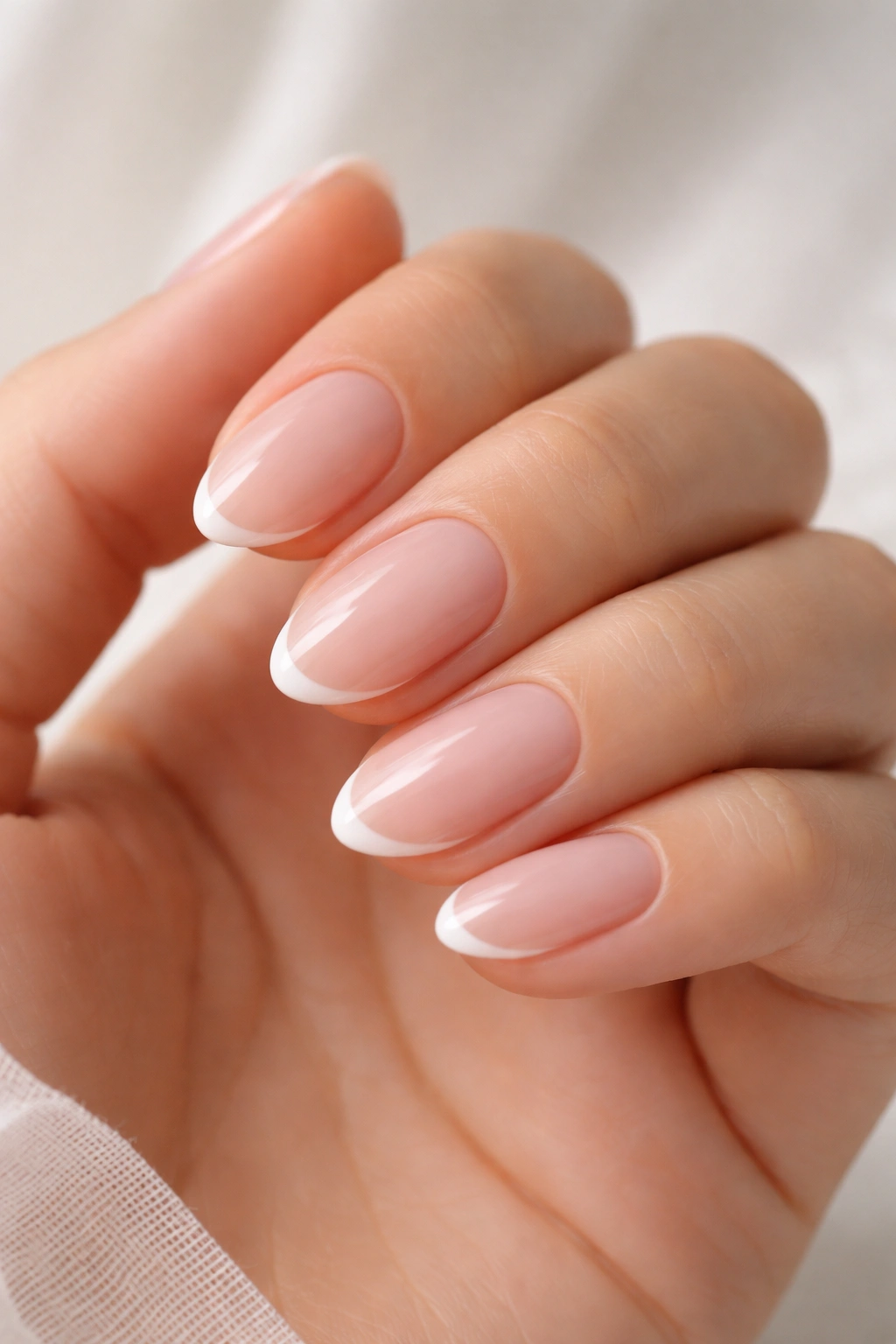 Close-up of short almond nails with a micro French tip on nude base
