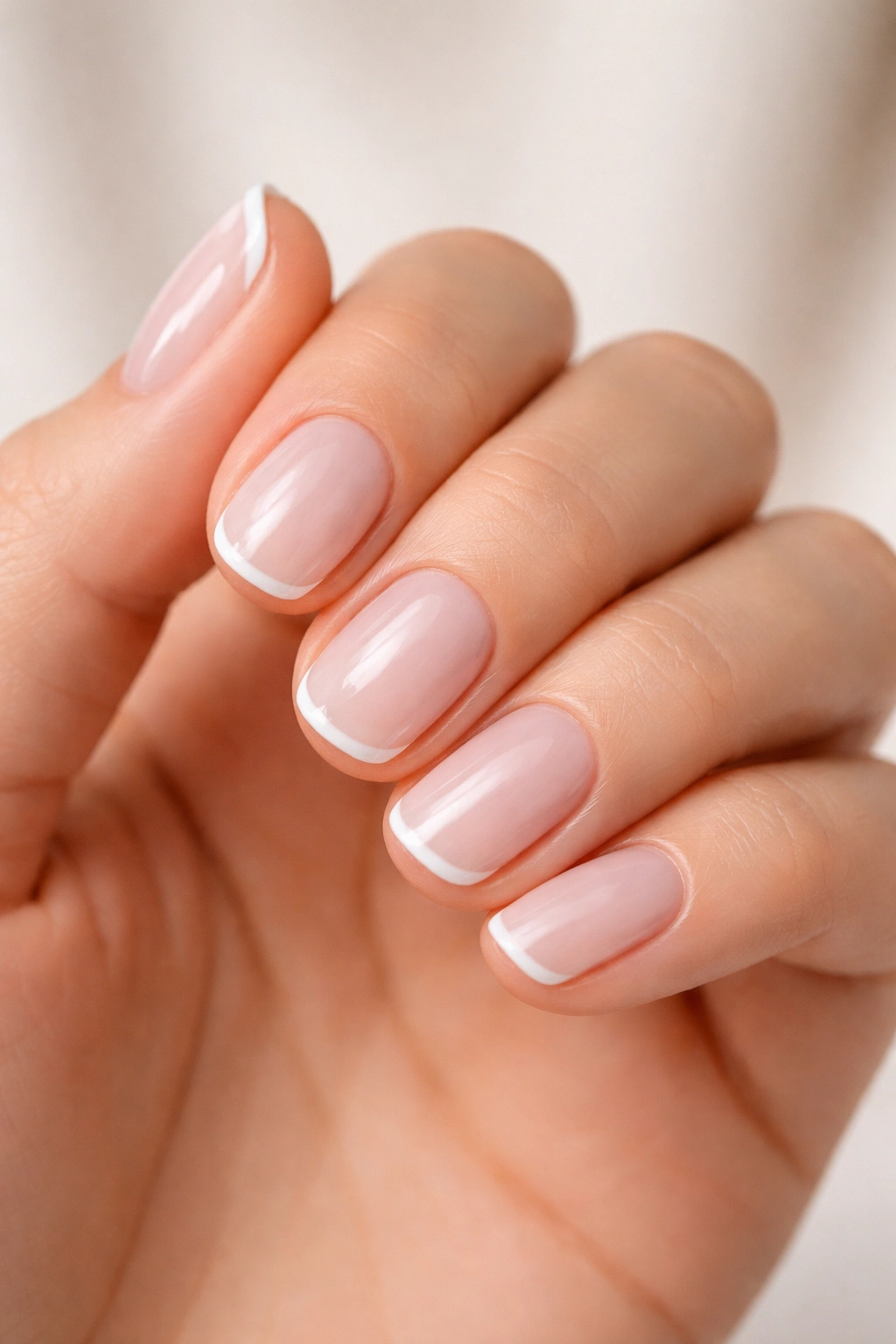 Short acrylic nails with ultra-thin white tips