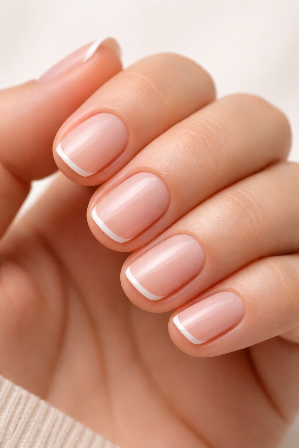 Close-up of short nails with ultra-thin micro French tips on nude base
