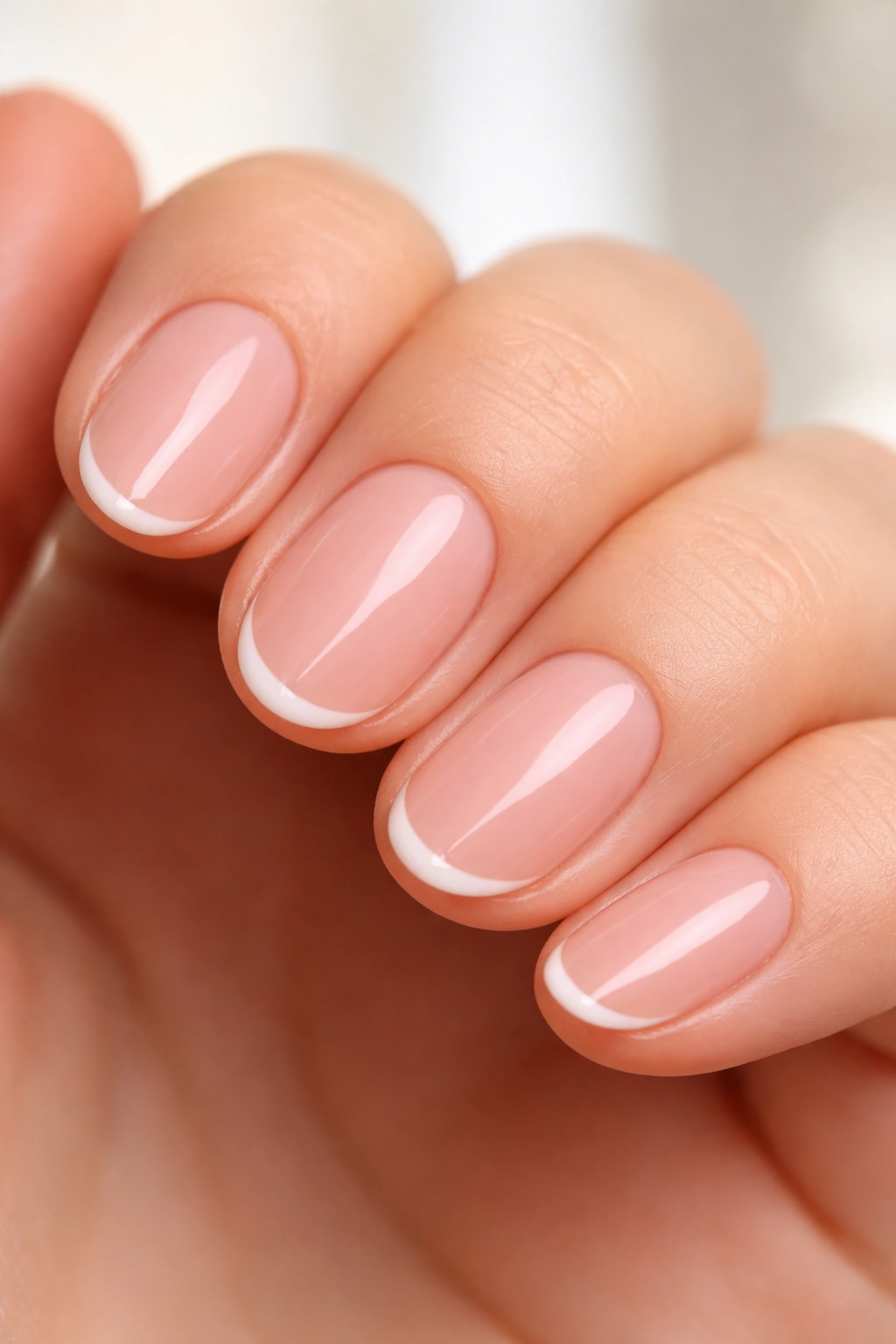 Close-up of ultra-short almond nails with a micro thin edge line