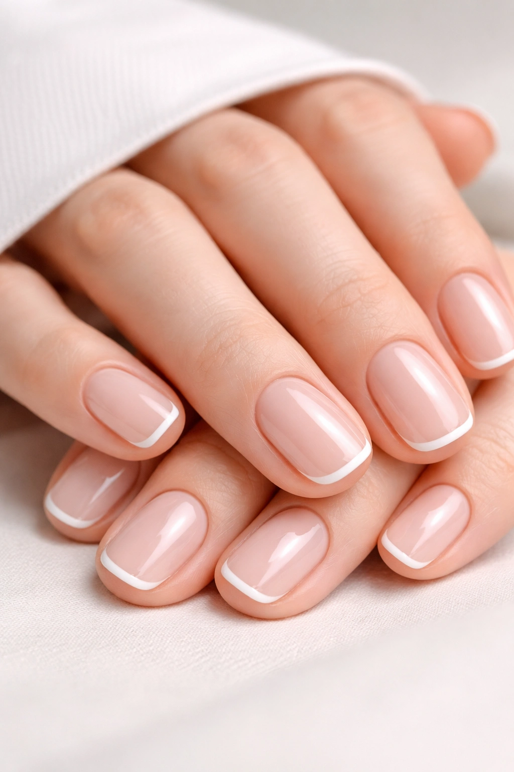 Close-up of nails with ultra-thin white tips on a pink base.