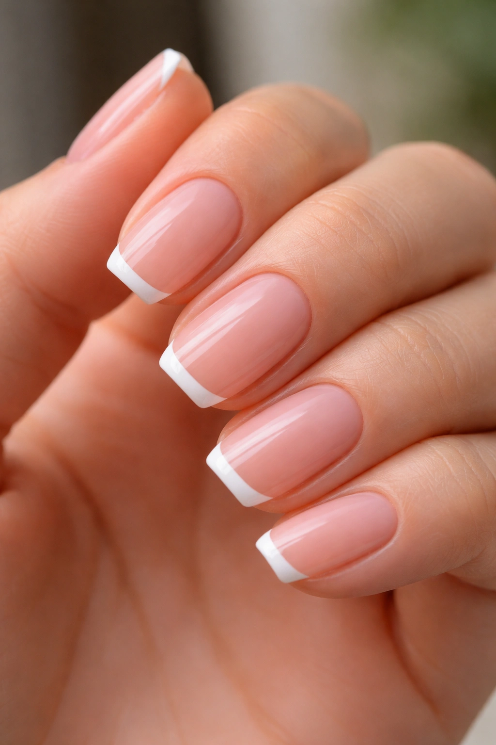 Close-up of short ballerina nails with micro French tips along flat edge.