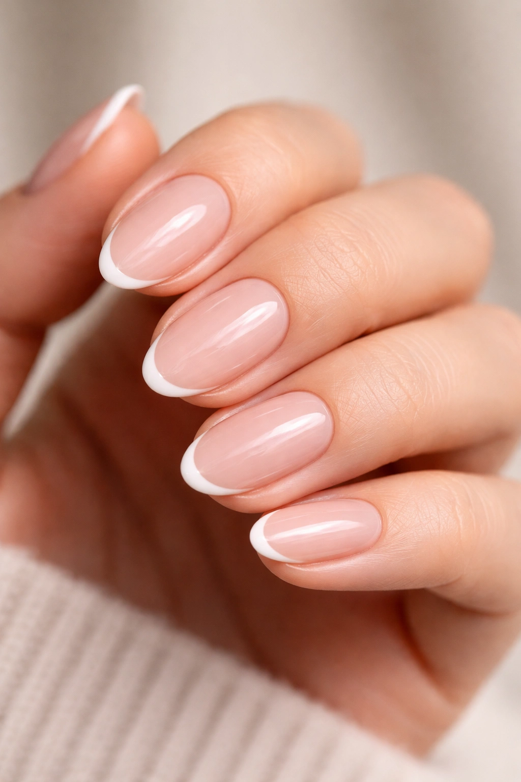 Close-up of short almond nails with a slim white micro French tip on a pink base