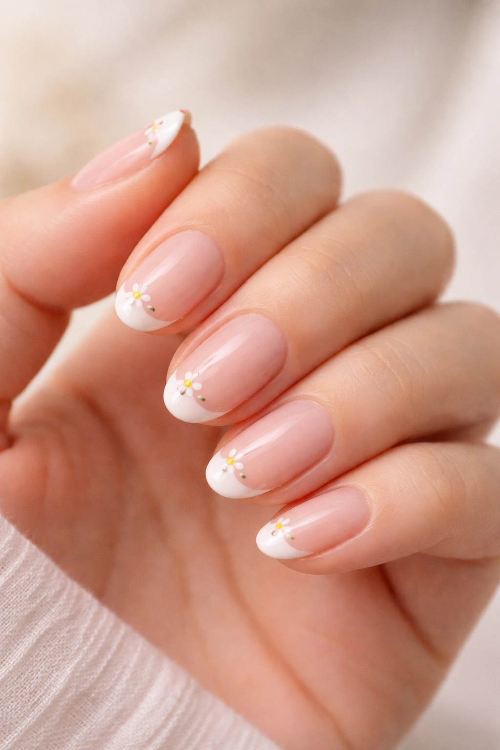 Close-up of micro French tip with a tiny blossom on short almond nails.
