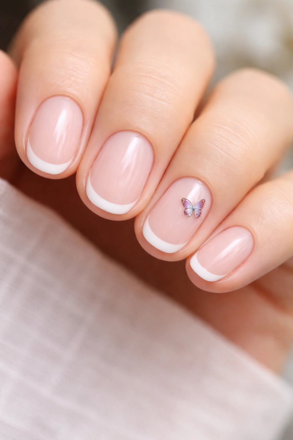 Close-up of micro French tips with subtle butterfly accents on short oval nails.