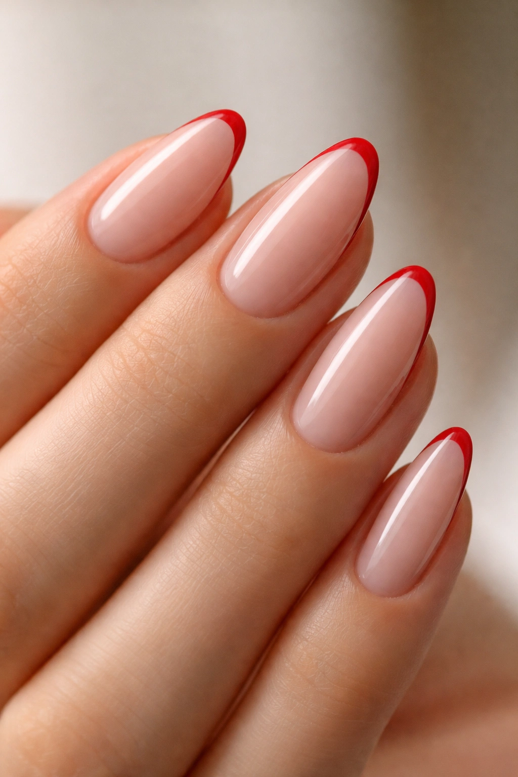 Almond nails with ultra-thin bright crimson micro French tips.