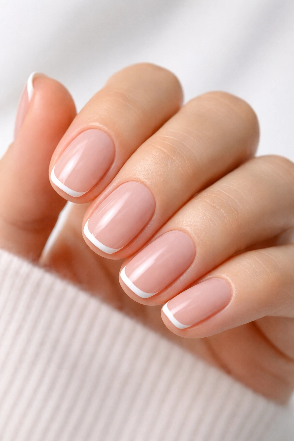 Close-up of micro French tips on nude nails
