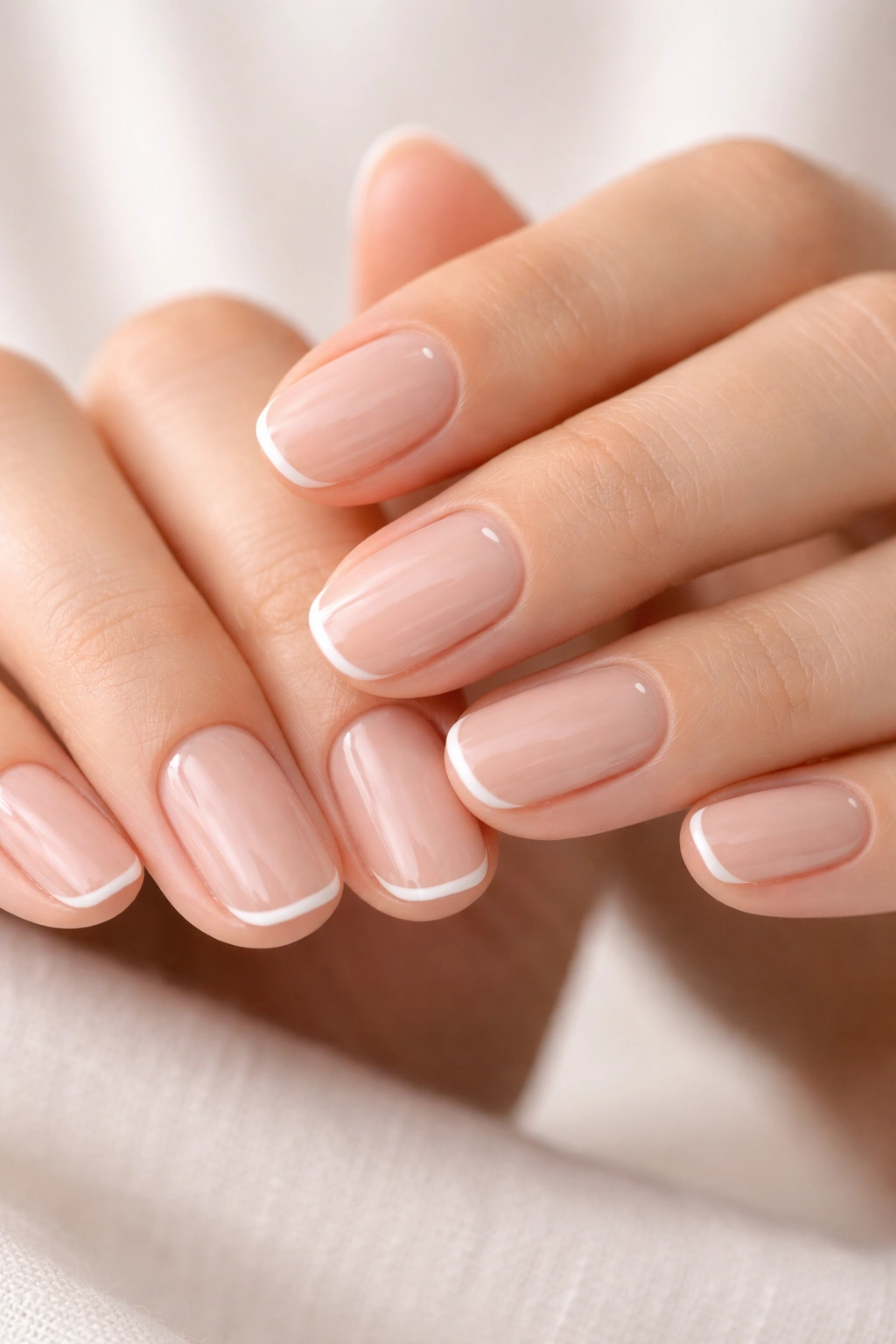 Close-up of hands with micro French tips nails showing ultra-thin white edge