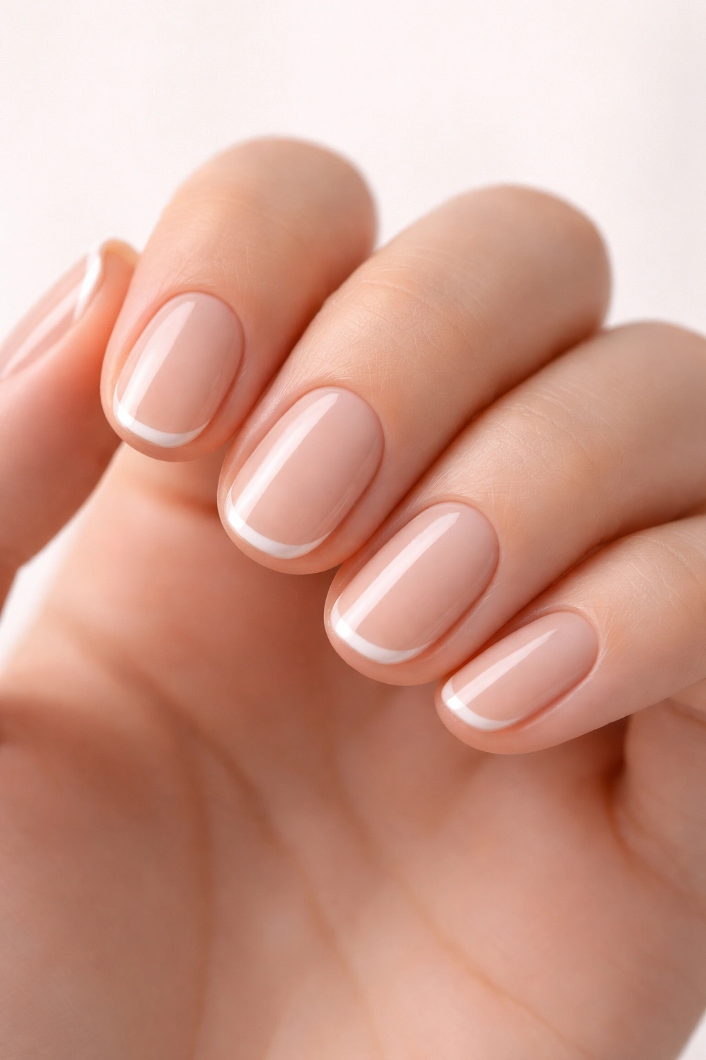 Nails with micro French tips on clear nude base.