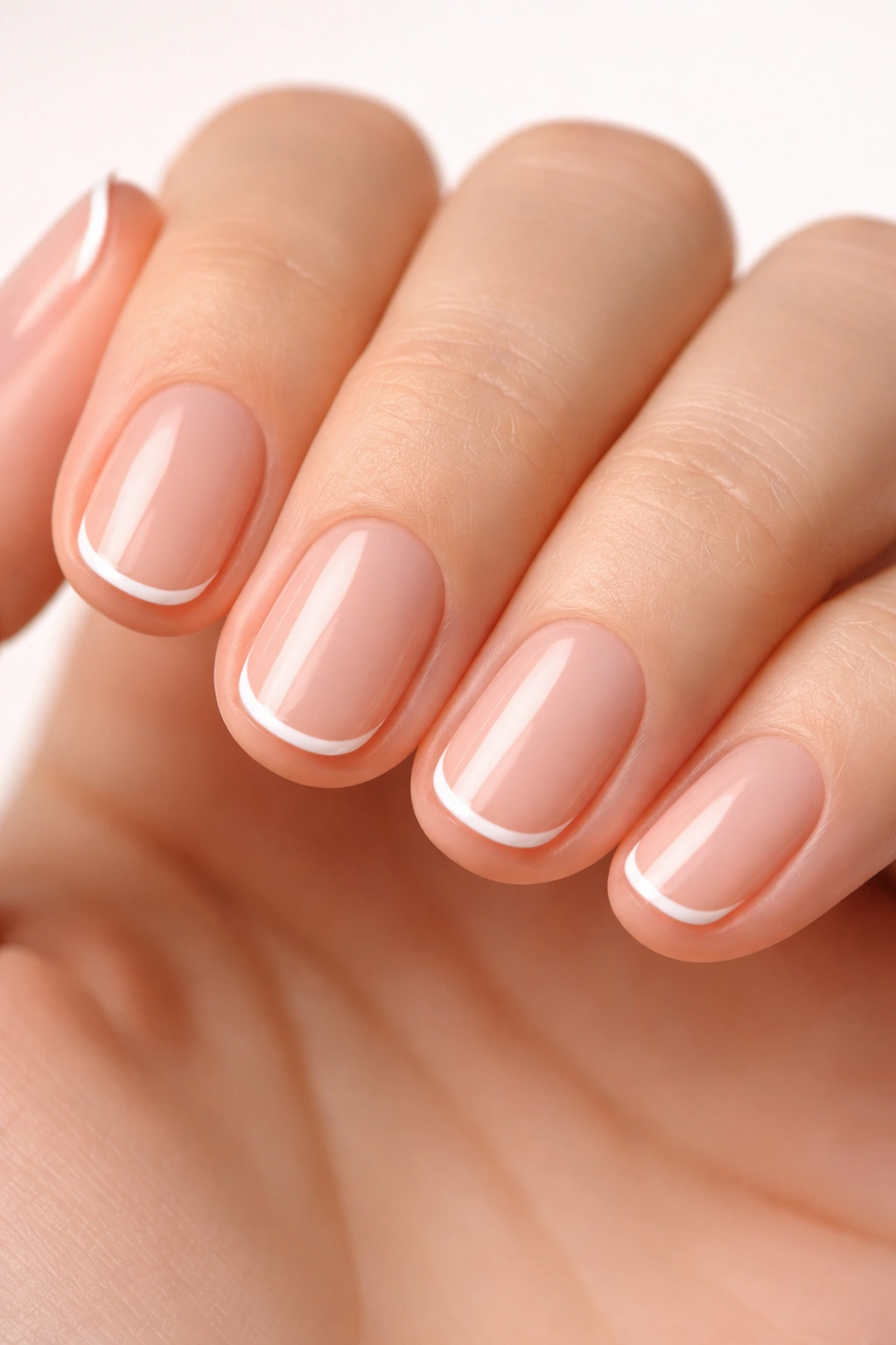 Close-up of nails with micro French tips on a neutral base