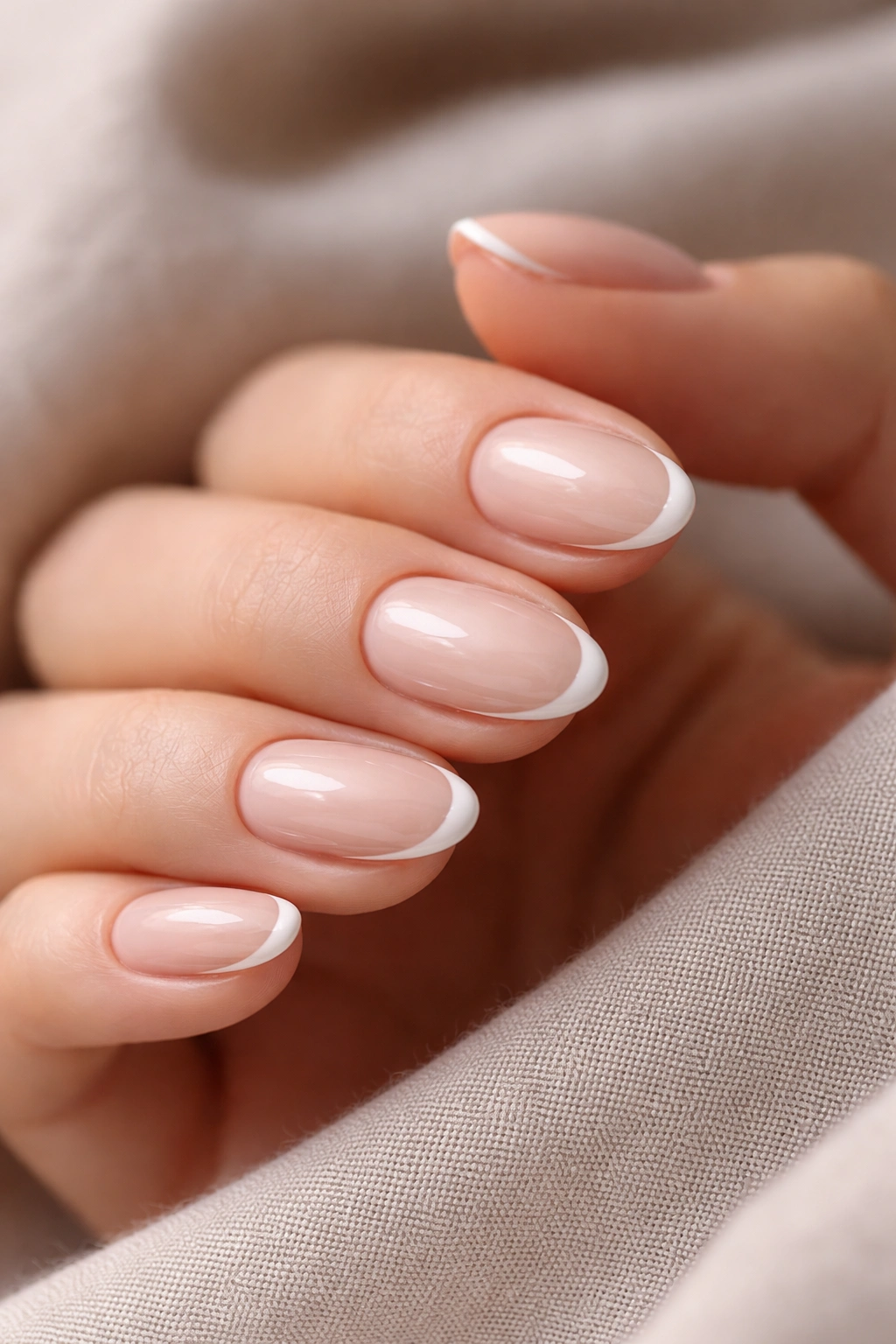 Close-up of micro French tips on short almond nails with a very thin white line
