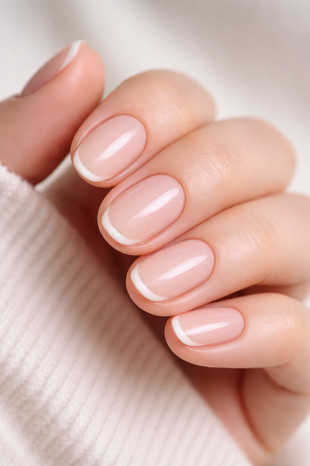 Close-up of short oval nails with soft white micro-French tips