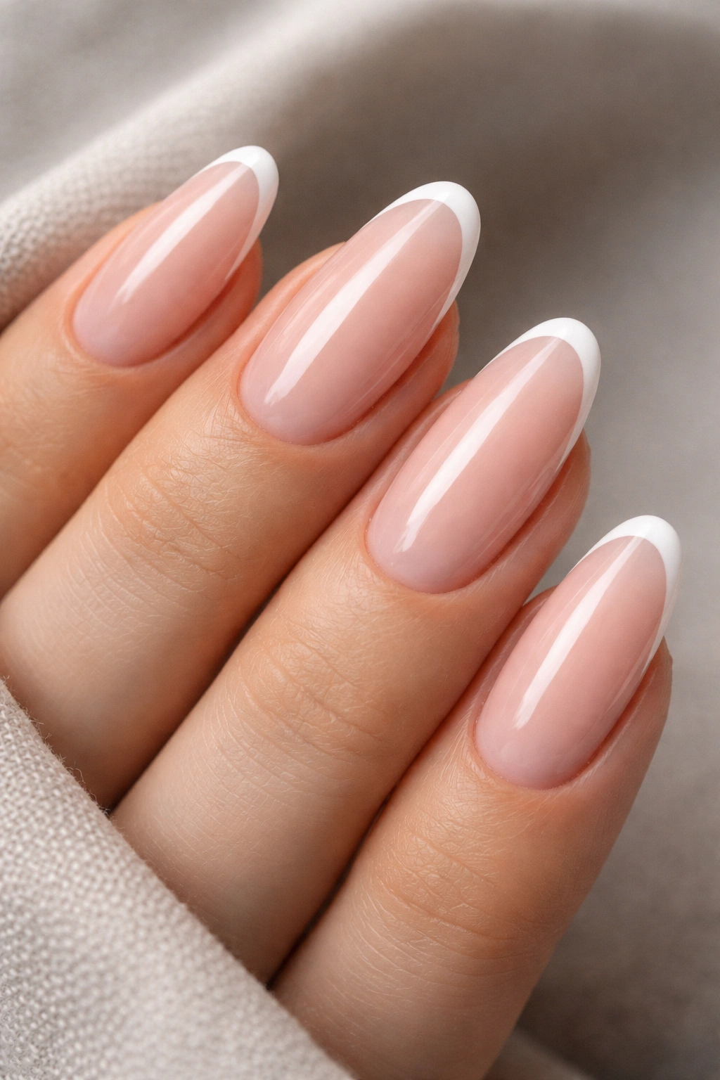 Close-up of long oval nails with micro French tips