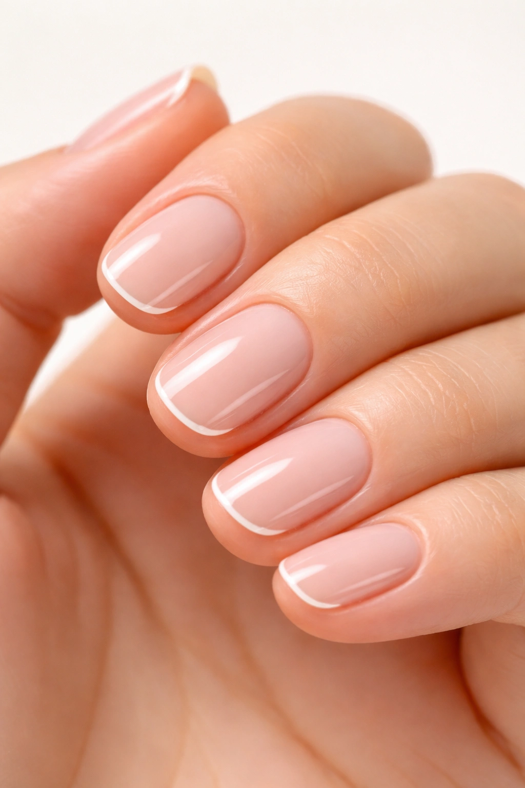 Close-up of nails with ultra-thin white micro tips on short natural nails.