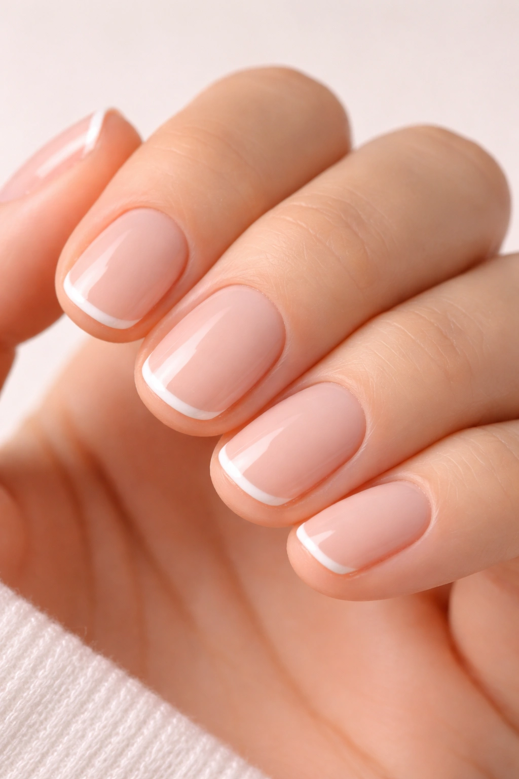Close-up of minimalist nude nails with micro French tips on short nails