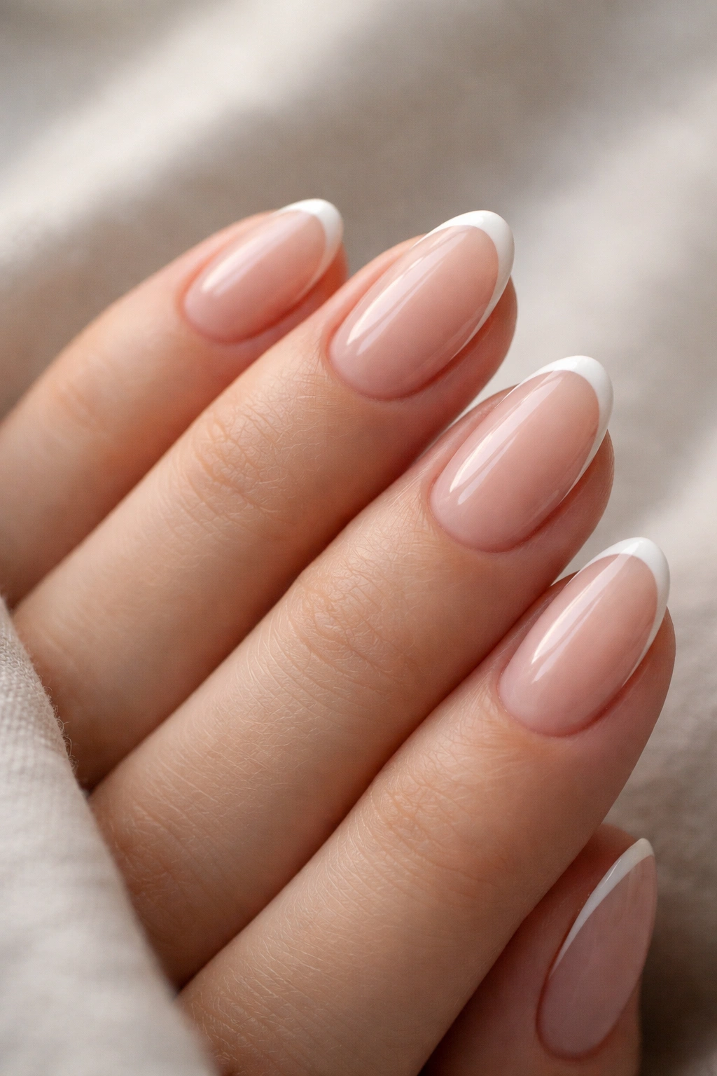 Close-up of micro French tips on short almond nails with ultra-thin white tips