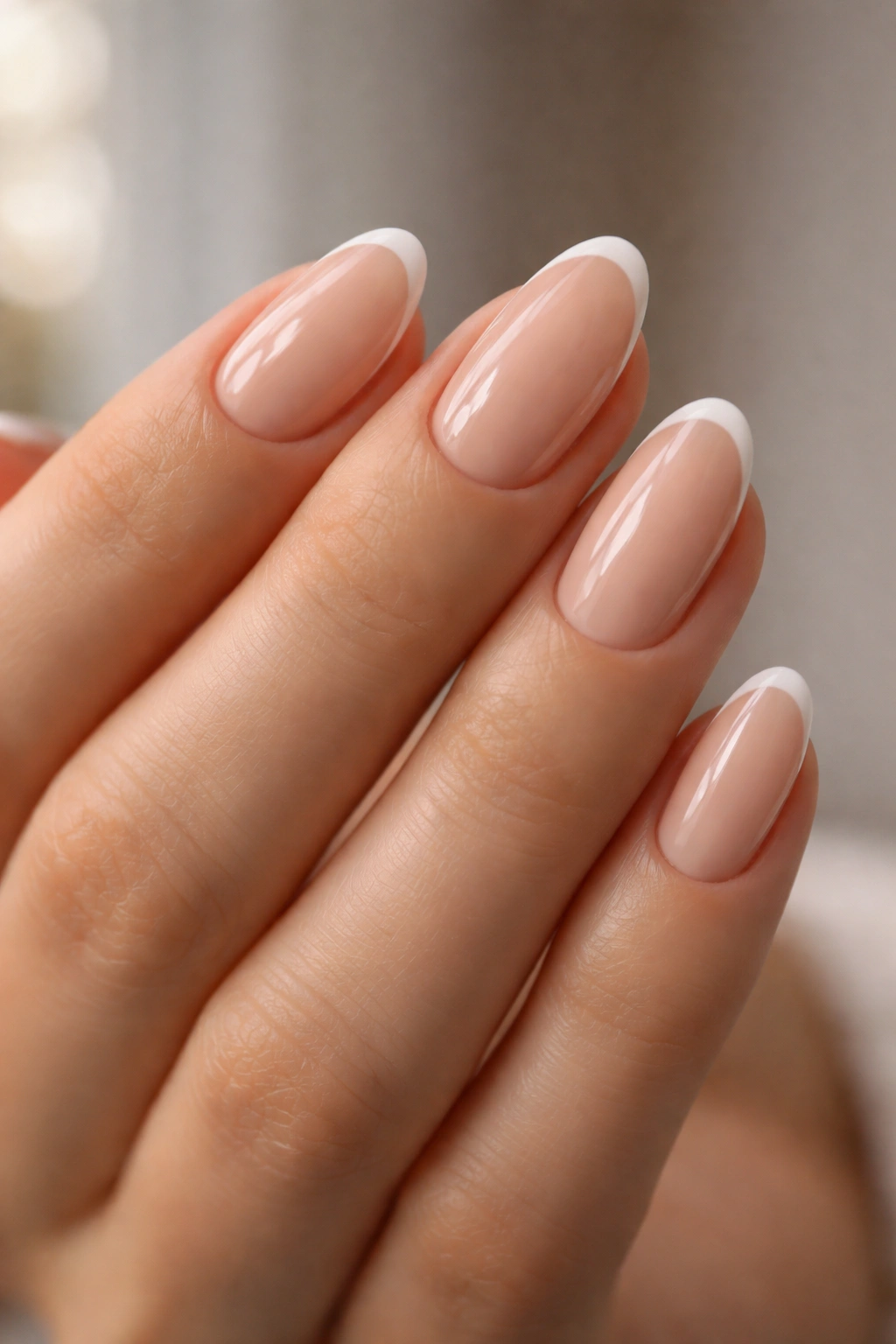 Close-up of short almond nails with micro French tips on nude base