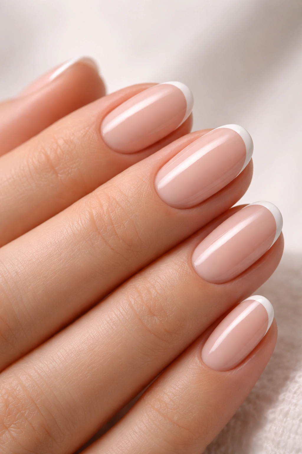 Close-up of short oval nails with ultra-thin white micro tips on milky pink base