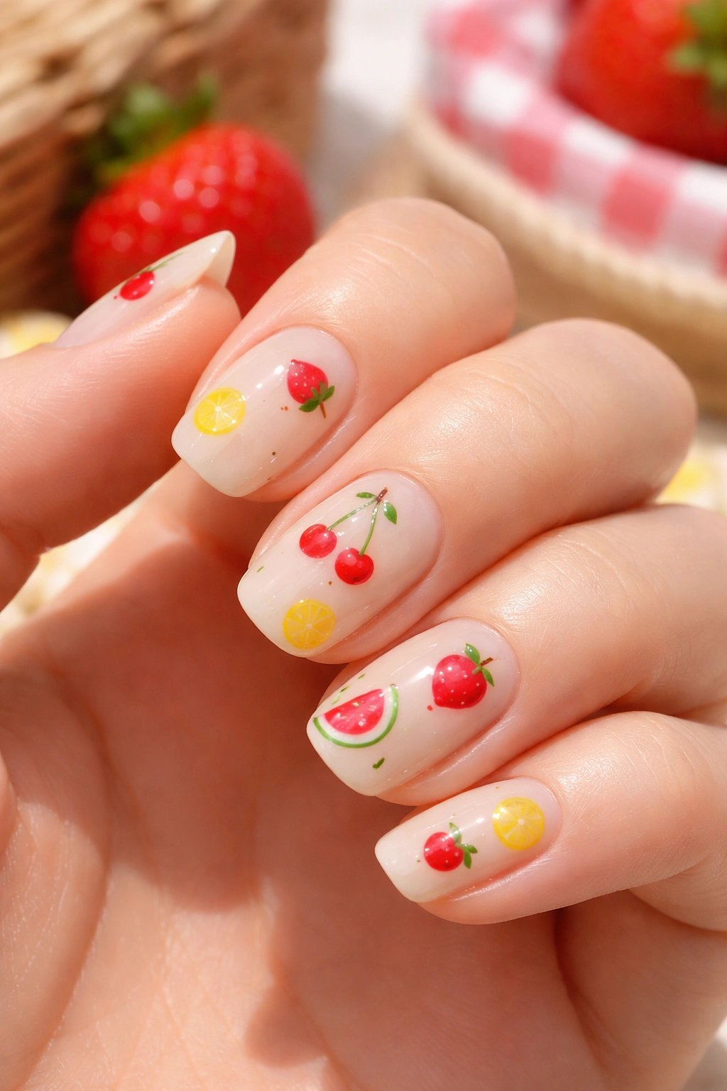 Nails with tiny hand-painted fruit designs on milky base