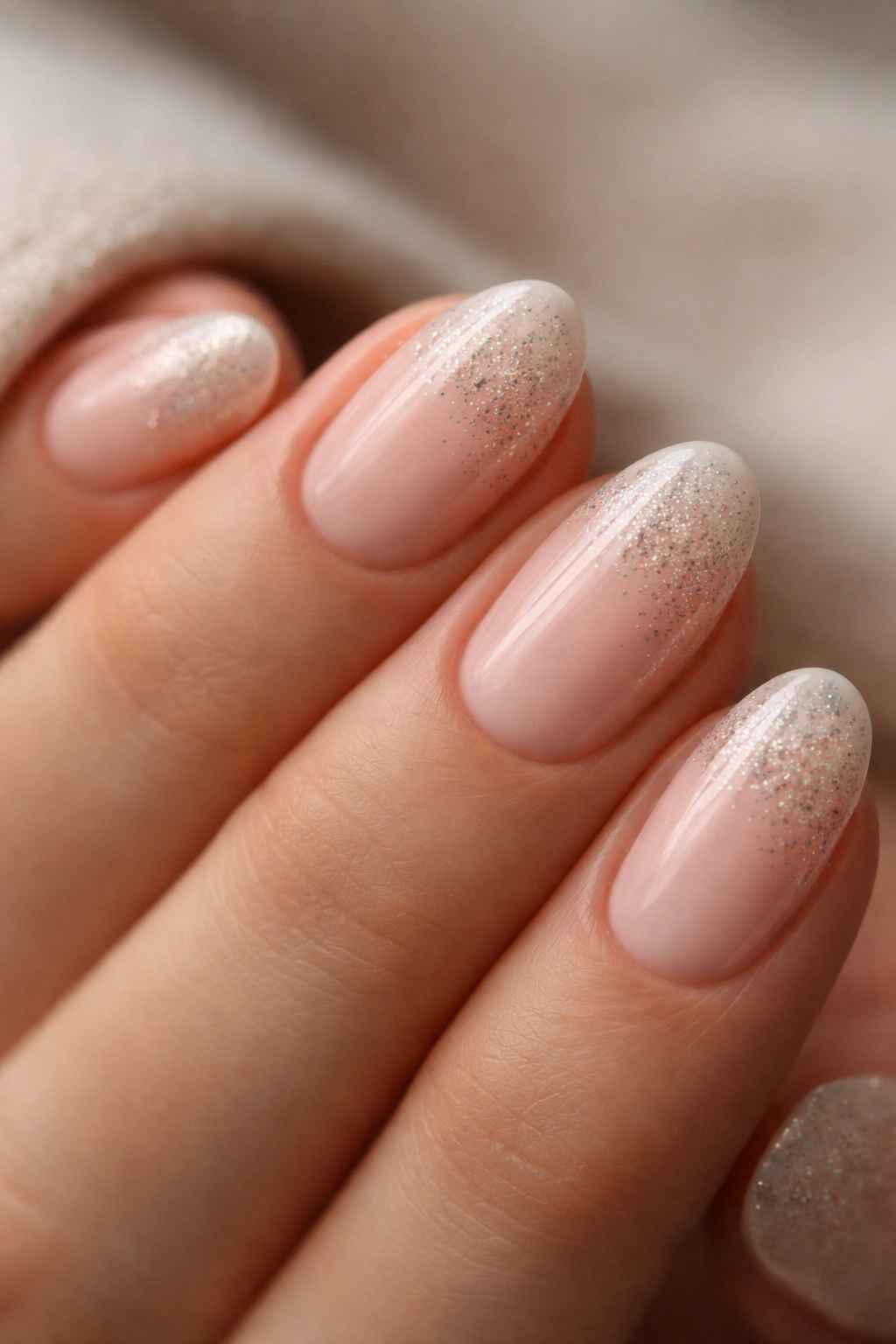 Short almond nails with a micro glitter fade creating a subtle sparkle