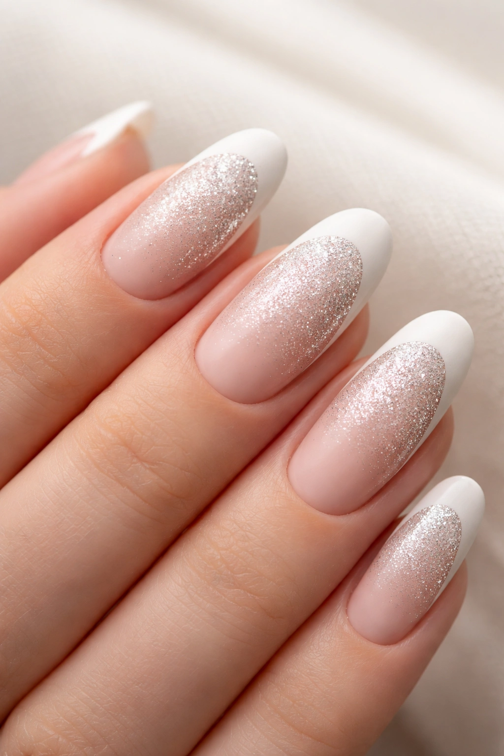 Oval nails with micro glitter center and matte edge
