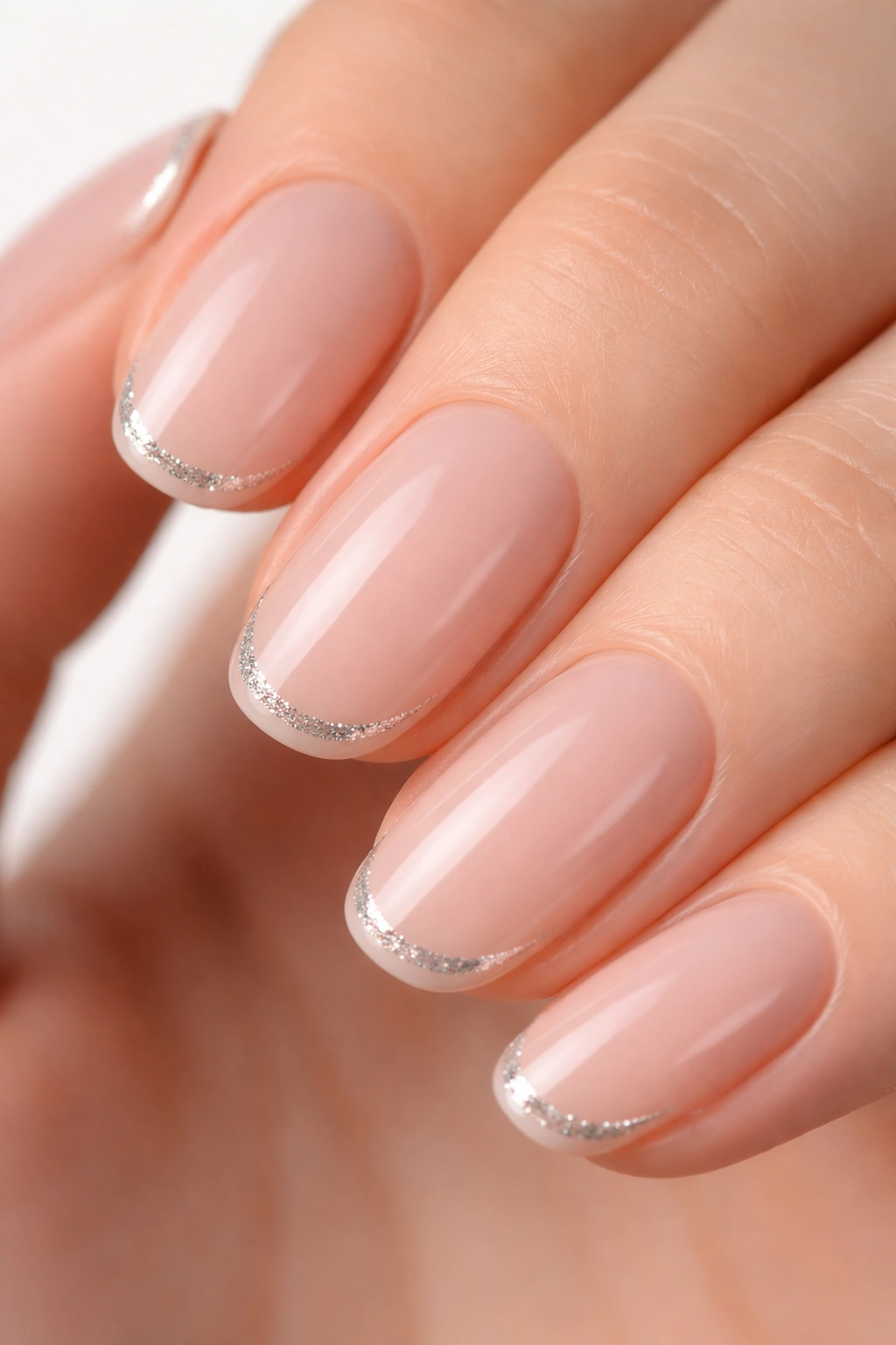Nails with a single micro glitter line along the smile line