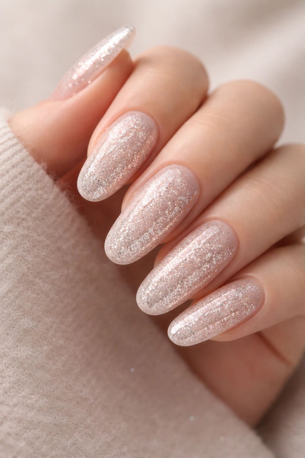 Close-up of long round acrylic nails with micro glitter blended into a pale nude base