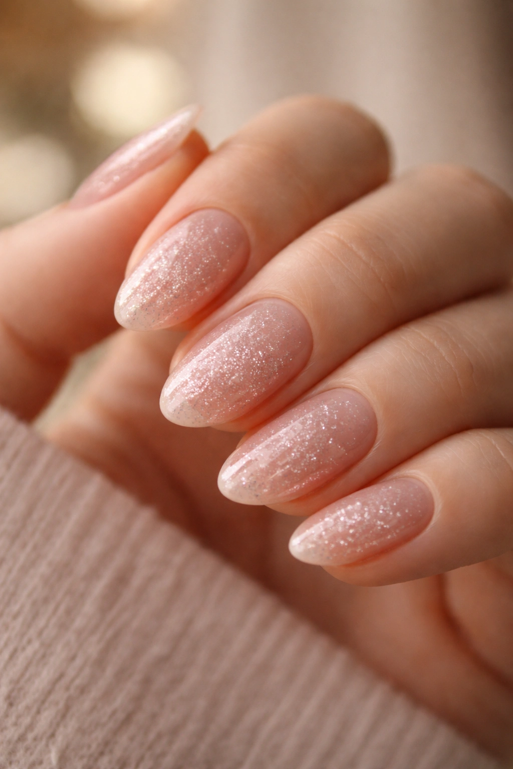 Short almond nails with sheer pink polish and micro glitter