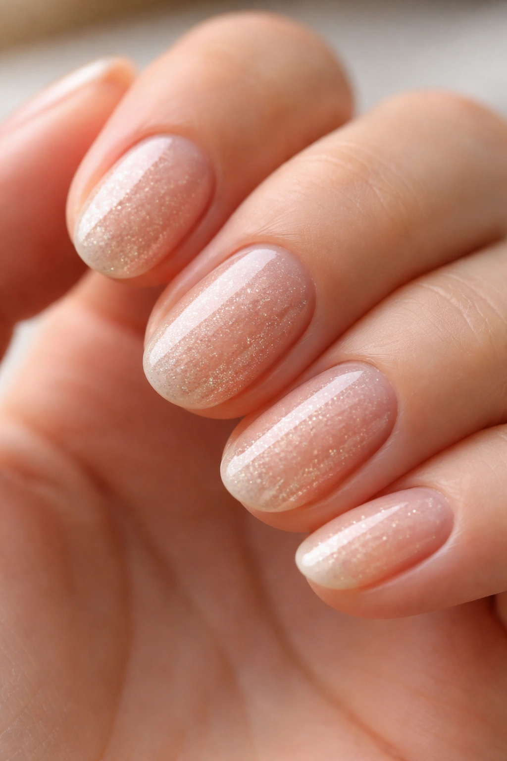 Short oval nails with sheer beige base and micro glitter